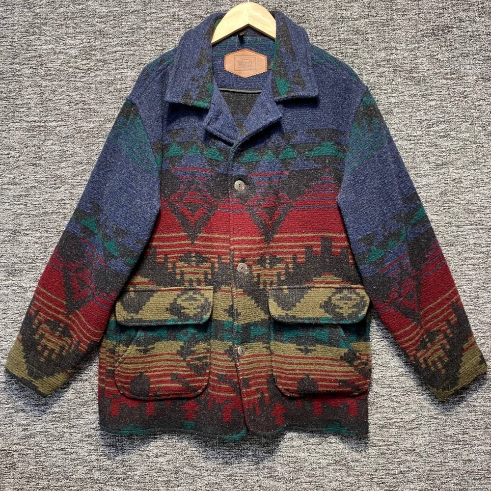 VTG Woolrich Native Southwestern Aztec Wool Blanket Chore Jacket Shacket Mens M